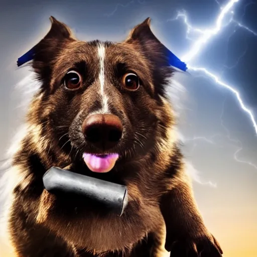 Image similar to a canine holding thor's hammer in its paw, dramatic lightning background, flying