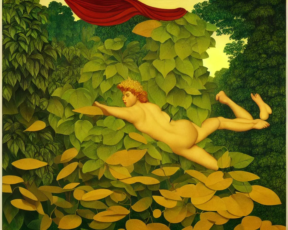 Prompt: an achingly beautiful print of golden scales in the middle of the jungle by Raphael, Hopper, and Rene Magritte. detailed, romantic, enchanting, trending on artstation.