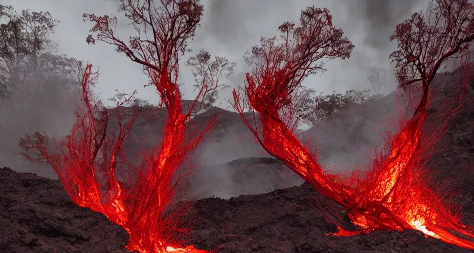 Prompt: a volcano made of ivory vines and crimson rocks enters in eruption, it spits a smoke in the shape of demonic eye, by Fortiche Studio