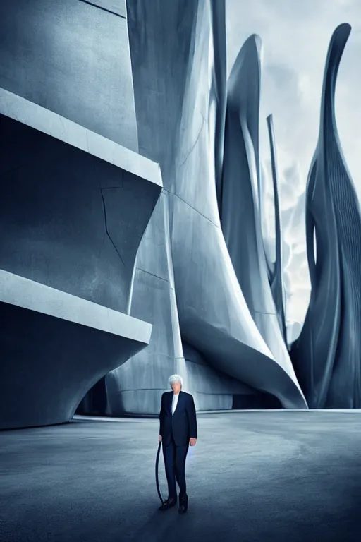 Prompt: a futuristic scene with an log silver haired beautiful mitch mcconnell in a white flowing dress, in front of a zaha hadid building, cinematic matte painting, extreme detail photo quality, dark moody colors, featured on behance