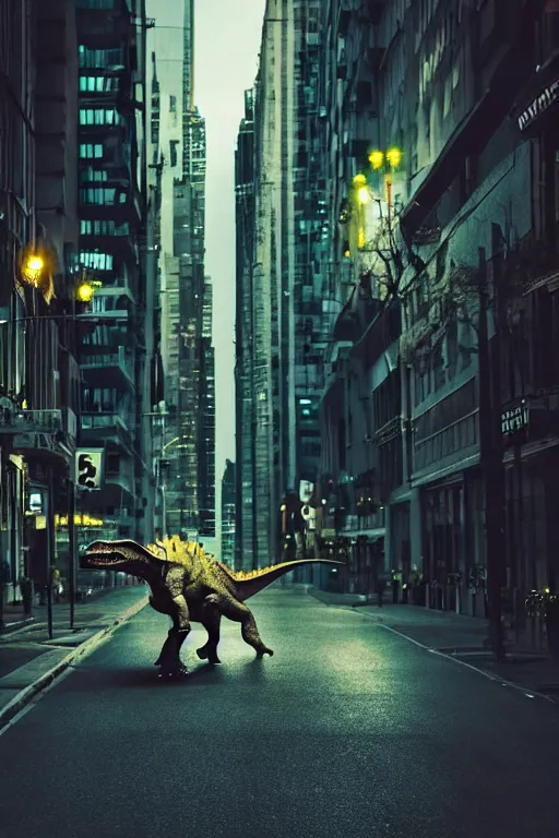 Prompt: large dinosaur walking through a city street at night, highly detailed, ultra realistic, cinematic lighting, professional photography, mild depth of field