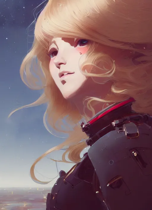 Prompt: highly detailed portrait of a hopeful pretty astronaut lady with a wavy blonde hair, by Greg Tocchini, by Greg Rutkowski, by Dustin Nguyen, by Ilya Repin, by Kate Olseka, by Cliff Chiang, 4k resolution, nier:automata inspired, bravely default inspired, vibrant but dreary but upflifting red, black and white color scheme!!! ((Space nebula background))