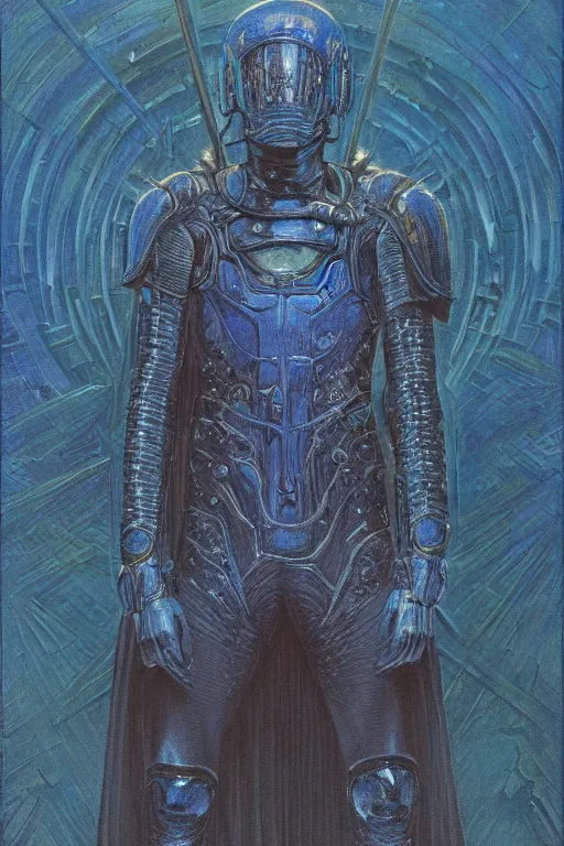 Image similar to portrait of beautiful gothic and futuristic young man, warhammer, cyber armor, a lot of scars, thunderstorm and fire, blue head, the middle ages, highly detailed, artstation, illustration, art by jean delville, 8 k quality, art by jean delville, max ernst