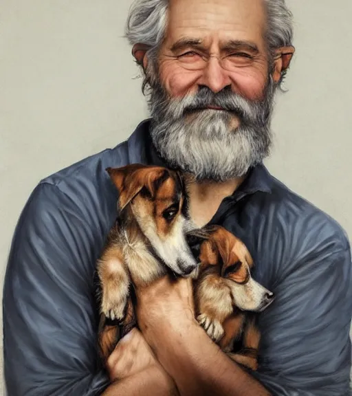 Prompt: full portrait of a old, ruggedly handsome bearded man holding corgi dog, real hands, soft hair, muscular, half body, cloth, d & d, fantasy, intricate, elegant, highly detailed, digital painting, artstation, concept art, smooth, sharp focus, illustration, art by artgerm and greg rutkowski and alphonse mucha