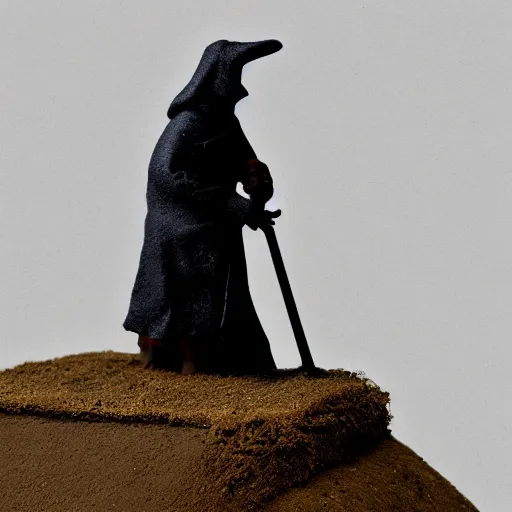 Prompt: tilt shift plague doctor pondering over a dug out trench, dramatic light, zdzidaw