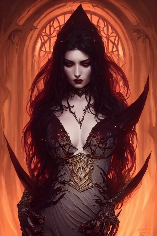 Image similar to Beautiful vampire queen, clothing made of souls, levitating, Full body shot, D&D, fantasy, intricate, elegant, highly detailed, digital painting, artstation, concept art, matte, sharp focus, illustration, hearthstone, art by Artgerm and Greg Rutkowski and Alphonse Mucha