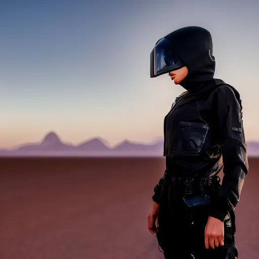 Prompt: photograph of a techwear woman, closeup, on a desert road with a futuristic city in the horizon, one point perspective, long exposure, sigma 85mm f/1.4, 4k, depth of field, high resolution, 4k, 8k, hd, full color