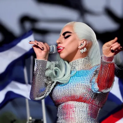 Image similar to Lady Gaga with detailed face as president, Argentina presidential rally, Argentine flags behind, bokeh, giving a speech, Argentina