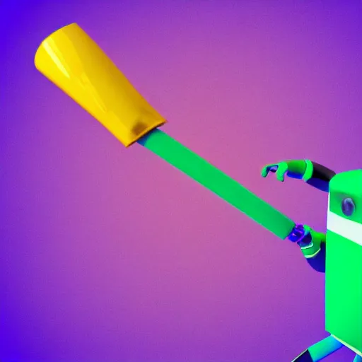 Prompt: a photorealistic 3 d render made in blender of a colourful friendly robot being poked by a man with a stick. background is a purple gradient