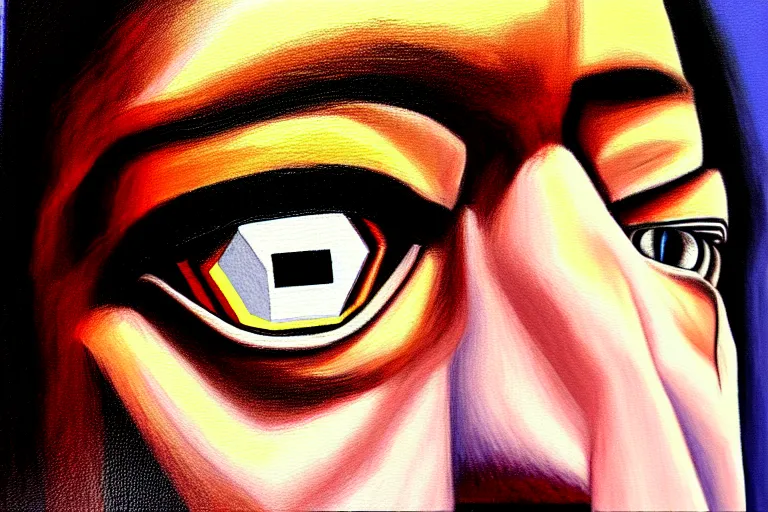 Image similar to frank the ai painter self portrait, detailed eyes, photorealistic