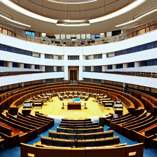 Image similar to interior of the israeli parliament, located in the center of a building site in israel, wide shot