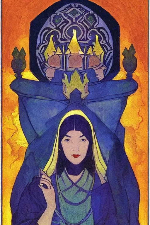 Image similar to child of darkness with their crown and lantern, by Nicholas Roerich and Annie Swynnerton and and Ivan Bilibin, dramatic cinematic lighting , ornate headdress , flowing robes, sacred artifacts, lost civilizations, smooth, sharp focus, extremely detailed