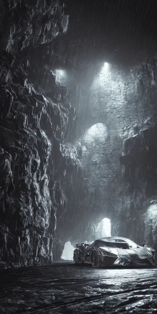 Image similar to the batmobile standing in a very dark and wet cave. highly detailed. intricate. mist. atmospheric. rim light. photorealistic. 8 k. monochrome. rays of light filling the cave. cinematic. matte painting. cinema 4 d. octane render. imagined by ash thorp. ambient occlusion. global illumination.