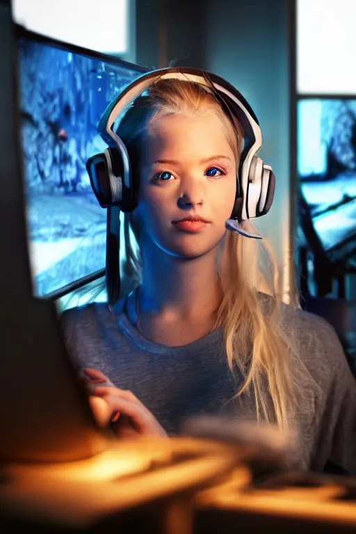 Image similar to gorgeous gamer girl with blonde hair and blue eyes playing on her computer, portrait shot of her face lit up by the monitor, wearing gaming headset, dark atmosphere, dynamic lighting