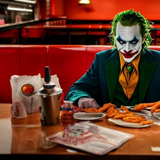 Prompt: cinematic shot of the joker sitting at a table in a popeyes restaurant and eating chicken tenders, 8 k, very detailed, very intricate,