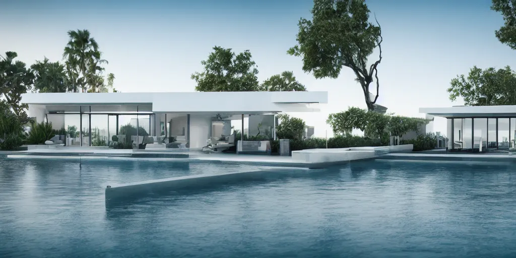 Prompt: a floating modern la style house, water fall falling from an infinity pool. octane render, v - ray, cinematographic, photo - bash, beautiful atmospheric background, ambient occlusion