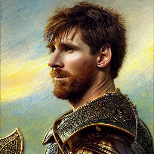 Image similar to attractive lionel messi as attractive king arthur pendragon, natural lighting, high quality, very detailed painting, by gaston bussiere, donato giancola, j. c. leyendecker