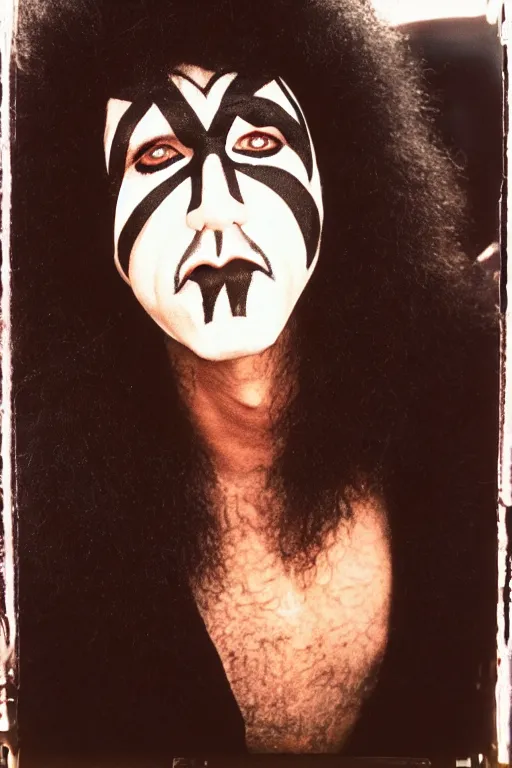 Image similar to portrait of lost member of rock band Kiss, 1975, 35mm lens, grainy