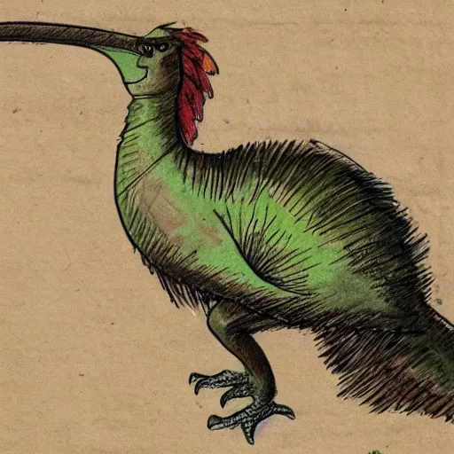 Image similar to professional vintage colored sketch of a feathered dinosaur with full descriptions, on parchment, 8K, HD, highly detailed, high quality