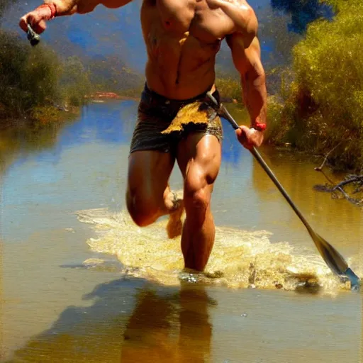 Image similar to muscular robbie amell panning for gold in a river, painting by gaston bussiere, craig mullins, j. c. leyendecker, tom of finland