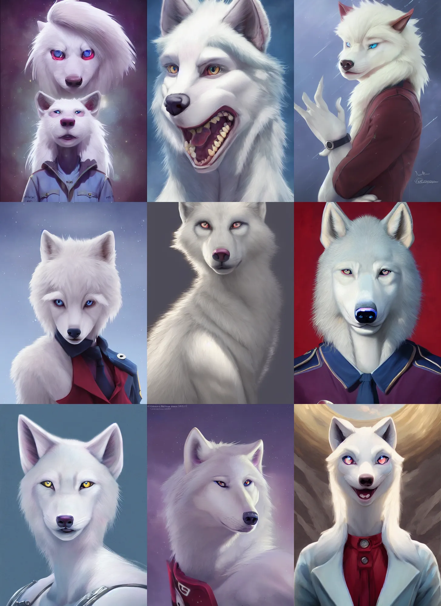 Prompt: beautiful portrait of a female anthropomorphic albino wolf fursona with eyes that are blue and hair that is red wearing a state trooper uniform. character design by disney, charlie bowater, ross tran, artgerm, and makoto shinkai, detailed, soft lighting, rendered in octane