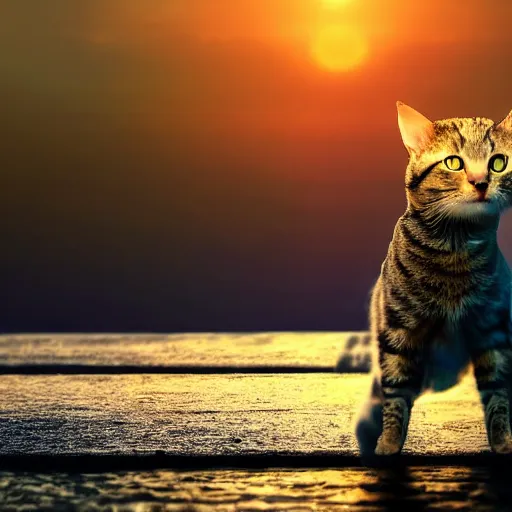 Image similar to beautiful picture of a cat starting at a futuristic sunset, photorealistic, award winning details