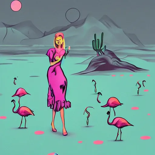 Prompt: A surreal comic noir illustration of a puzzle containing a beautiful woman and Flamingos on a desert beach oasis by Salvador Dali, dark vibes, high contrast, pastel lighting, cinematic, depth of field, 8k