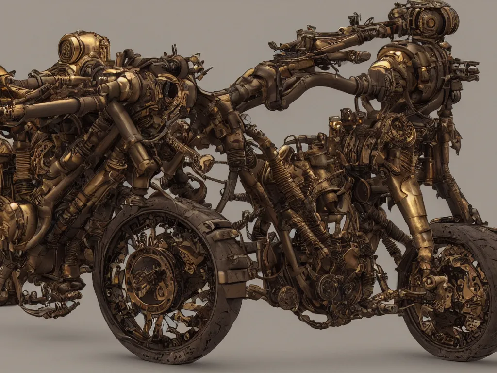 Prompt: a warforged steampunk superbike, realistic render, 4 k,