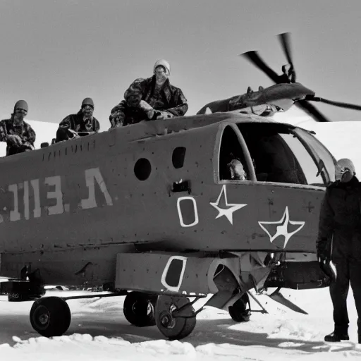 Image similar to closeup 3 5 mm film uhd 8 k photograph of middle aged caucasian men in camo unloading cargo from a black military 1 9 8 2 helicopter at a top secret military base in antarctica