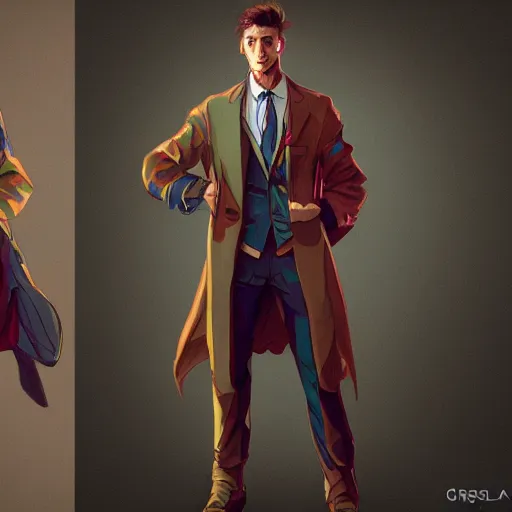 Prompt: vivid colors, character sheet, fine details, front view, greg rutkowski, kim jung gi, human, suit vest, longcoat, androgynous, female