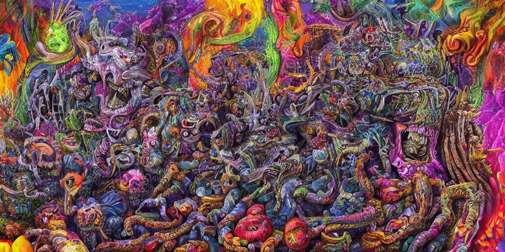 Image similar to a ultra high hyperdetailed painting with complex textures of a group of monsters united within a larger monster, made of candies and psychotropic psychoactive substances psychedelic fulcolor spiritual chaos surrealism horror bizarre psycho art