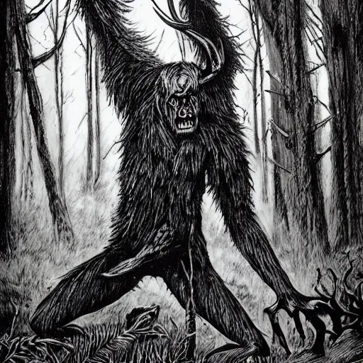 Image similar to wendigo in the woods, Michael Whelan, pen and ink, black and white