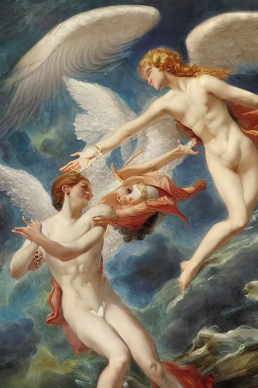 Image similar to angel falling to andromeda, very high resolution images, very fine details, looks very realistic, rennaissance style painting, drawn by yulia iosilzon, and simone graci, plus a touch from raden saleh within the depth of color and emotion