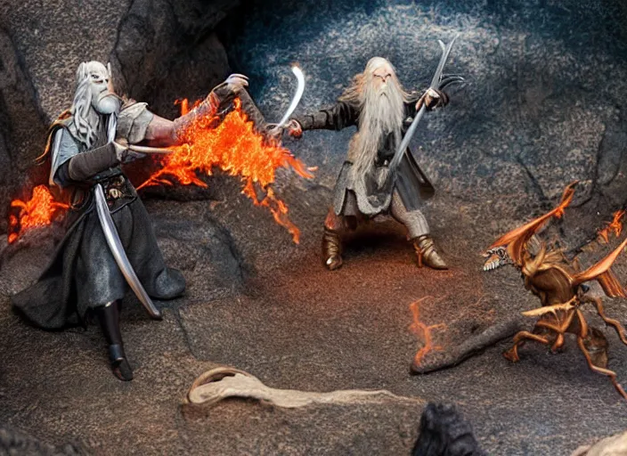 Image similar to A diorama of Gandalf fighting the balrog, tilt shift, detailed