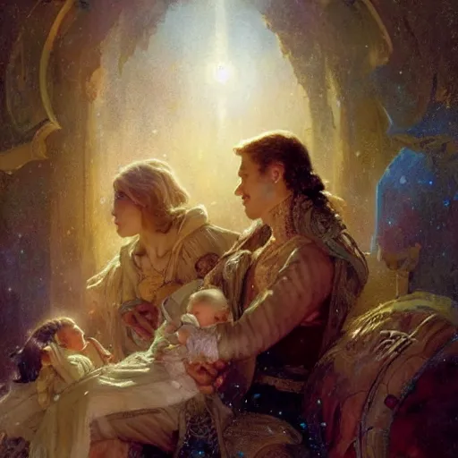 Image similar to the great father of the family, he is high up in his starry cloak, hugging his beautiful frail wife, with a little glowing baby in her arms. highly detailed painting by gaston bussiere, craig mullins, j. c. leyendecker 8 k