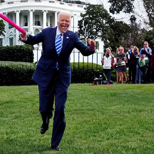 Prompt: Joe Biden Throwing A small green toad at you in front of the white house, photo