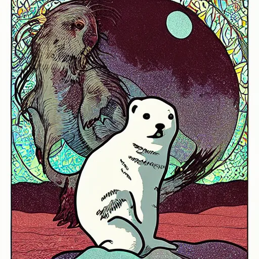 Image similar to baby harp seal, moon rise, illustration, pop art, splash painting, art by geof darrow, ashley wood, alphonse mucha