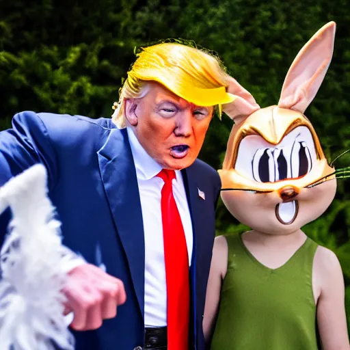 Image similar to professional photography Donald Trump cosplay as Bugs Bunny spying on children at a birthday party, high quality, good lighting, masterpiece, beautiful beautiful beautiful beautiful beautiful