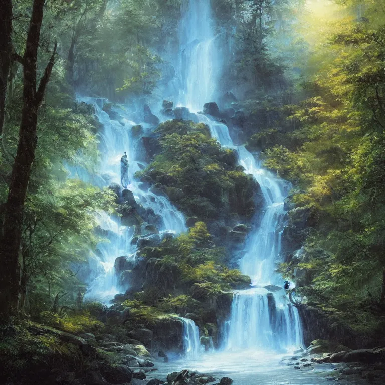 Prompt: A beautiful oil painting of a very tall waterfall on a very rocky cliff, in the middle of a huge forest of trees with bright blue glowing leaves, by Greg Rutkowski