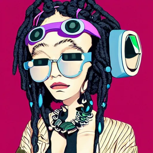 Prompt: eccentric kawaii goth girl with dreads wearing cyber goggles and eclectic jewelry, by jamie hewlett,