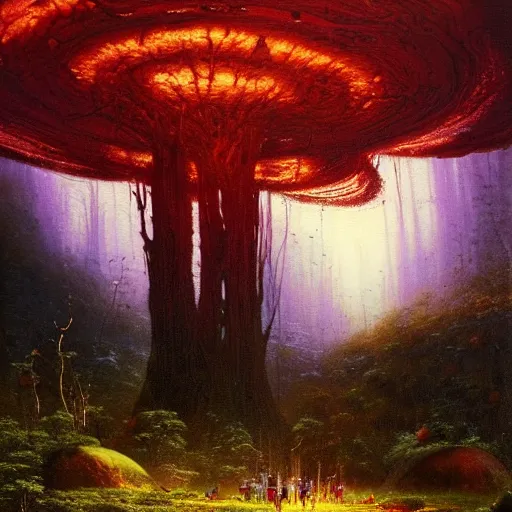 Image similar to A lovely picture of an alien landscape with mycelium aliens by John Berkey, by George Inness, by john Harris, forest made out of mushroom, purple and red and white gradient colour theme, trending on DeviantArt, rendered in blender, 8k resolution, Mountains, no green