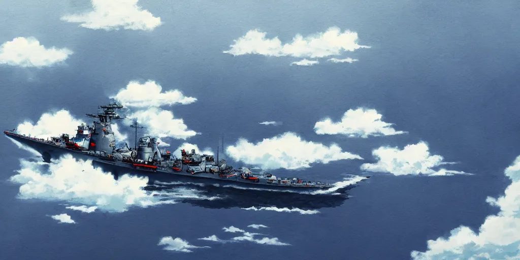 Image similar to japanese battleship fuso flying between clouds, by studio ghibli, dynamic composition, dramatic lighting, hyperrealistic, ultra detailed, nitro colors