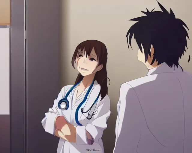 Image similar to a cute young female doctor wearing white coat are talking with an old surgeon in a hospital, slice of life anime, lighting, anime scenery by Makoto shinkai