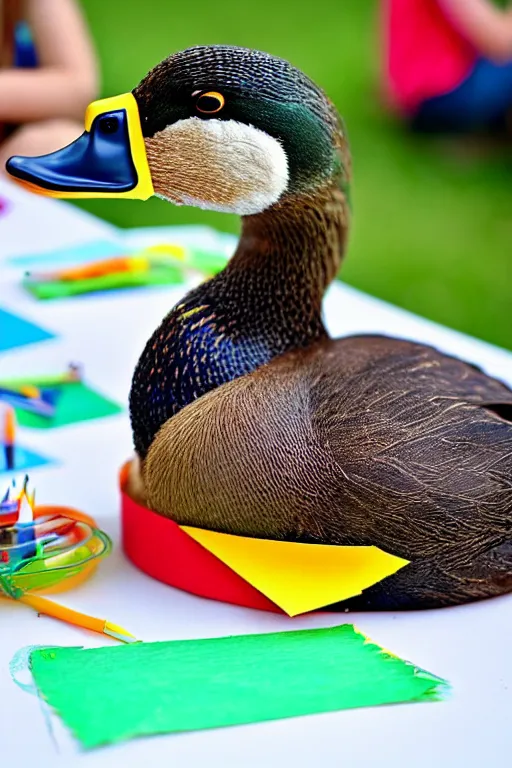 Image similar to a cute mallard duck at a summer camp, enjoying craft activities at the crafts table