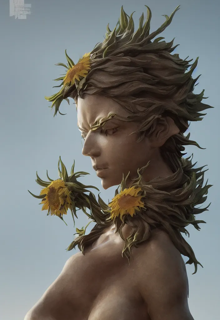 Image similar to a small hybrid sunflower statue by greg rutkowski, sung choi, mitchell mohrhauser, maciej kuciara, johnson ting, maxim verehin, peter konig, 8 k photorealistic, cinematic lighting, hd, high details, dramatic, atmosphereric, trending on artstation