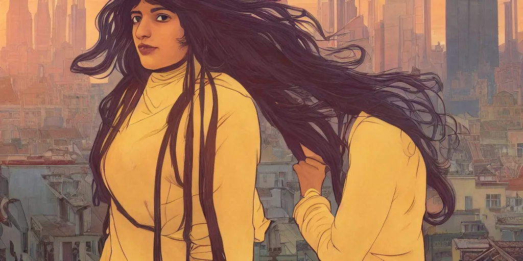 Image similar to A digital painting of Kamala Khan alone on a rooftop during Golden Hour. masterpiece 4k digital illustration, award winning, Artstation, art nouveau aesthetic, Alphonse Mucha background, intricate details, realistic, panoramic view, Hyperdetailed, 8k resolution, intricate art nouveau