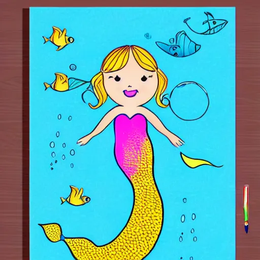 Prompt: Drawing for kids of a mermaid in the sea, simple drawing, digital art svg.