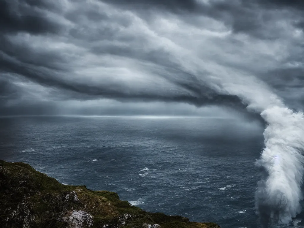 Image similar to detailed sea, high cliff, very detailed dark super storm, hyper realistic cloud, impressive, magical, very atmospheric, smoke boiling, cinematic, deep, very high complexity, stunning, masterpiece, weather photography, very detailed. 4 k