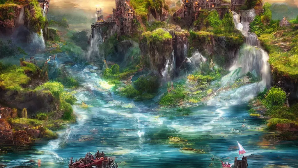 Prompt: floating castle with rivers flowing underneath, water falls, fantasy artwork, award winning, very very very very very very very beautiful scenery, hd, 4k, 8k, artstation