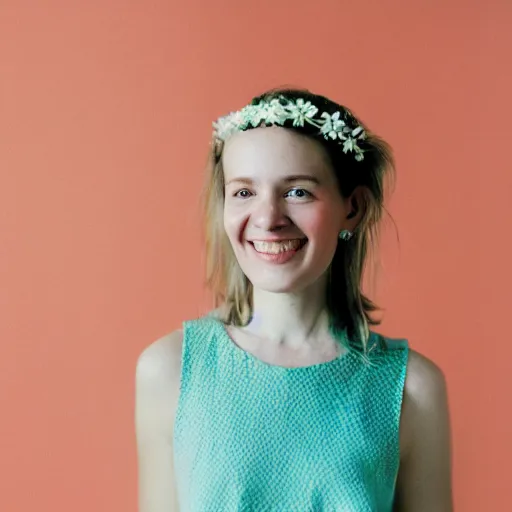 Image similar to a photograph of beautiful nordic woman, wistful smile, wearing a white folkdrakt dress, she has a summer flower headband. against a teal studio backdrop. strong kodak portra 4 0 0 film look. film grain. cinematic. in - focus